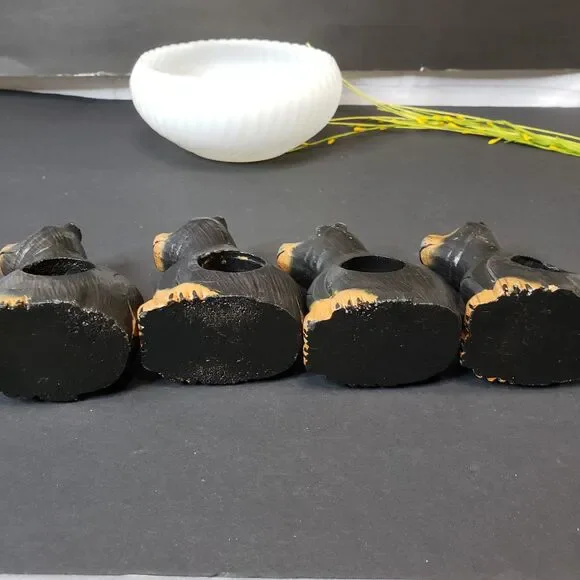 Farmhouse Primitive Hand Carved Wooden Black Bear Napkin Holders Rings Set of 4 - Picture 7 of 9
